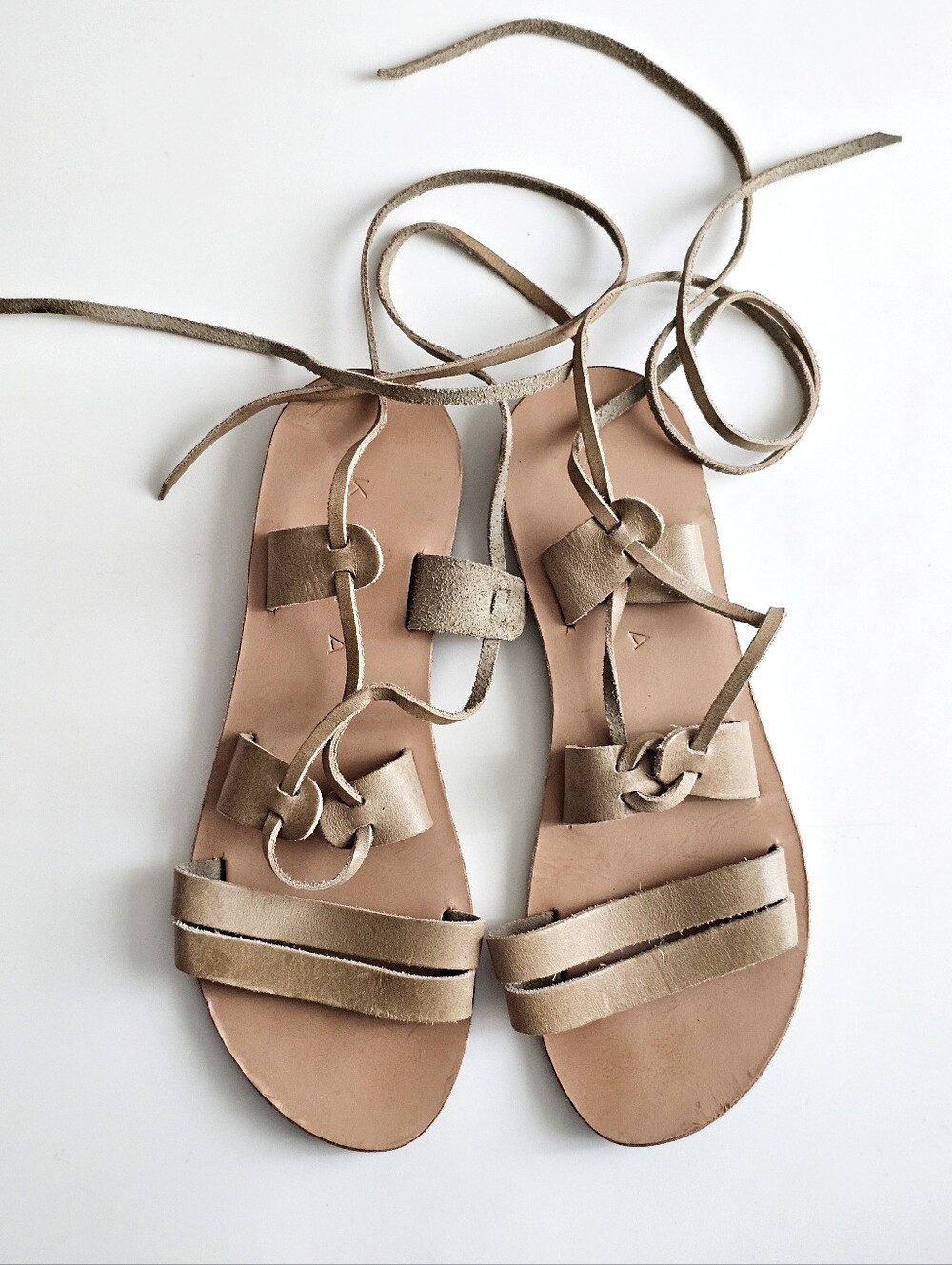 KYMA Handmade Greece Leather Lace Up Sandals Size 39 Tan Nude Boho